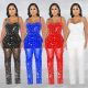 Fashion women's hot diamond mesh suspender sleeveless long pants jumpsuit