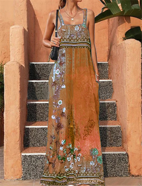 Cross border loose print retro ethnic style jumpsuit for women