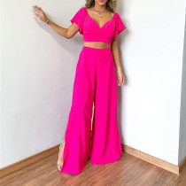 V-neck Ruffle Sleeve Short Sleeve Shirt High Waist Wide Leg Pants Large Casual Set