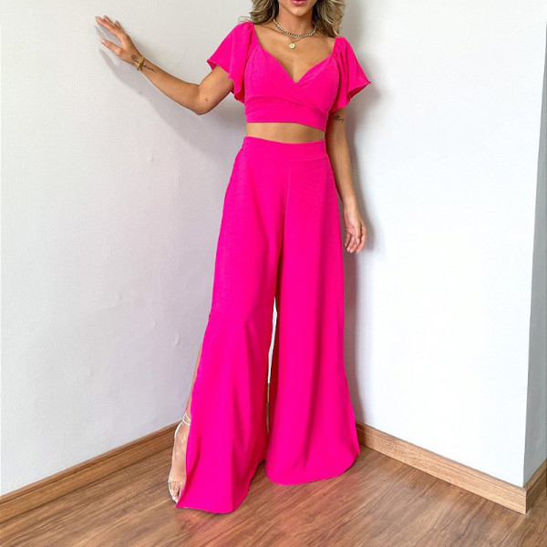 V-neck Ruffle Sleeve Short Sleeve Shirt High Waist Wide Leg Pants Large Casual Set