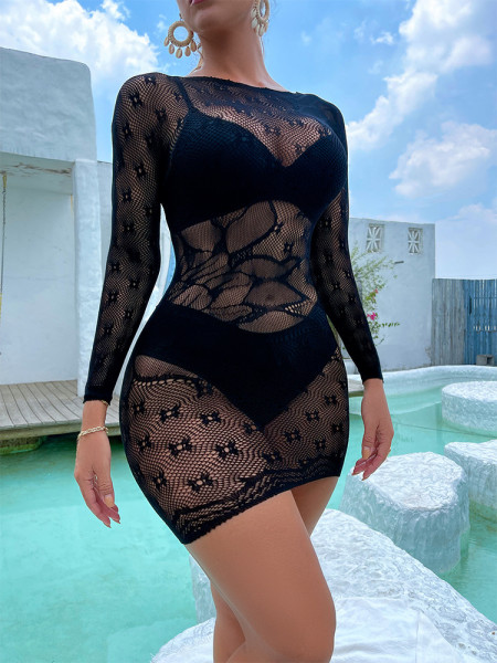 Women's Fun Hollow Out Perspective Mesh Clothing Sexy High Elastic Dress Short Skirt