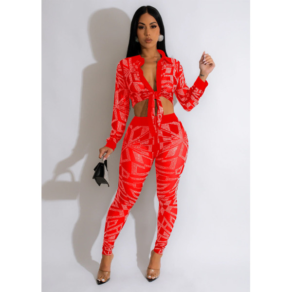 Fashion women's solid color mesh hot diamond long sleeved pants two-piece set