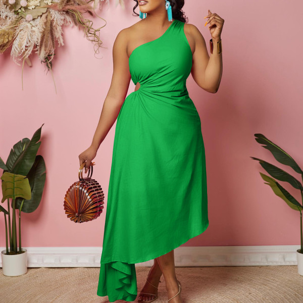 Single Shoulder Hollow Solid Irregular Large Dress