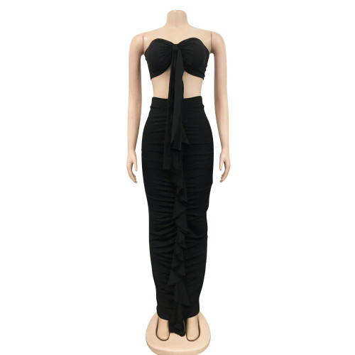 Fashion Solid Color Women's Chest Wrapping Pleated Ribbon Sleeveless Long Dress Two Piece Set
