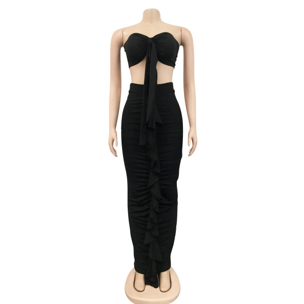 Fashion Solid Color Women's Chest Wrapping Pleated Ribbon Sleeveless Long Dress Two Piece Set