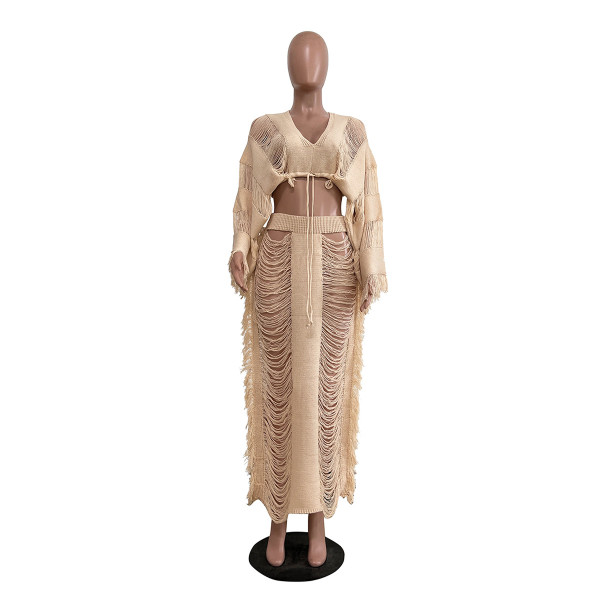 Women's casual knitted hollow out long sleeved skirt set