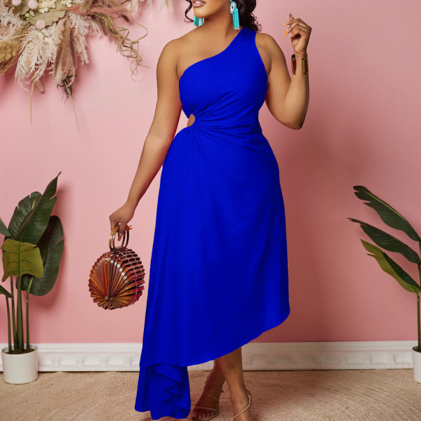 Single Shoulder Hollow Solid Irregular Large Dress