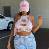 Sexy Women's Super Short Burnt Flower Hollow Fit Solid Color Tank Top