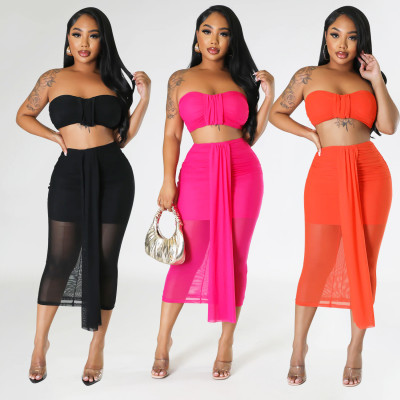 Women's Sexy Mesh Perspective Wrap Chest Half Dress Two Piece Set