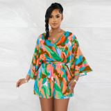 V-neck sexy backless printed shorts jumpsuit