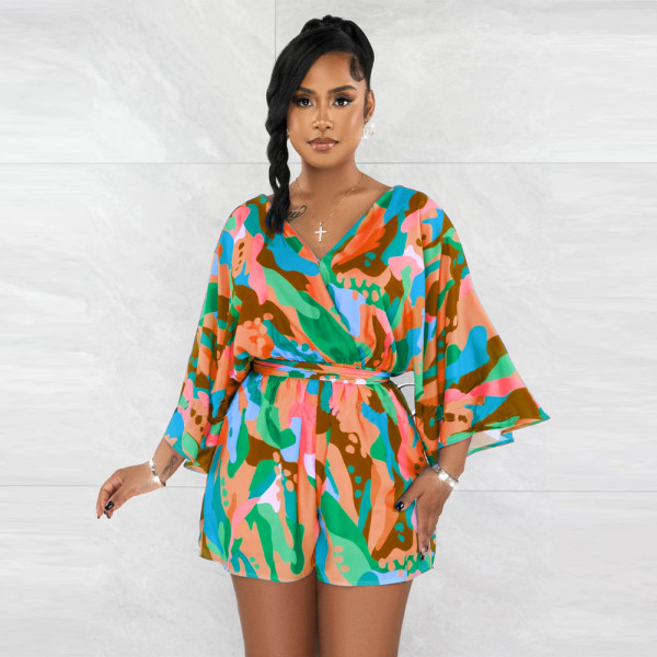 V-neck sexy backless printed shorts jumpsuit