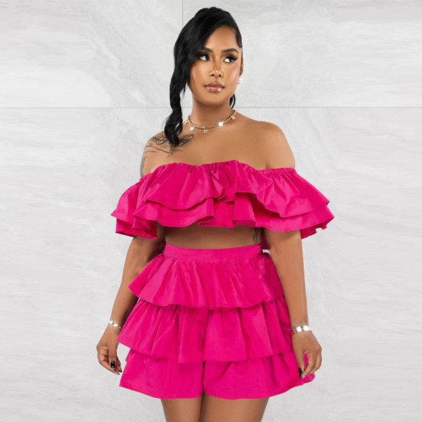 Off shoulder one line collar ruffled skirt set