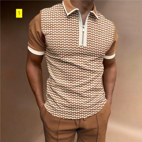 POLO shirt zipper plaid men's T-shirt top