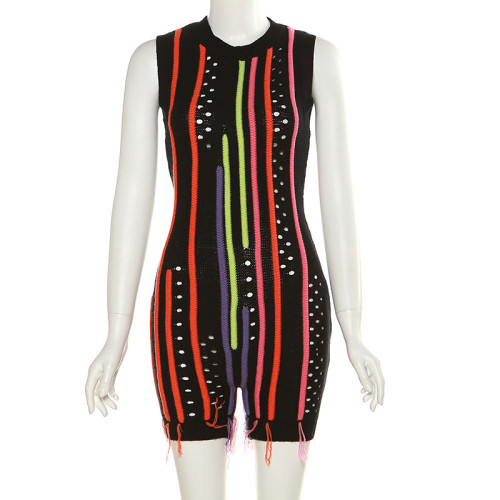 Fashionable knitted embroidery and sleeveless sexy backless tassel slim fitting jumpsuit