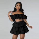 Off shoulder one line collar ruffled skirt set