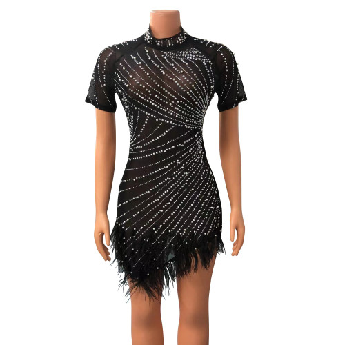 Women's sexy mesh hot diamond studded tassel short dress