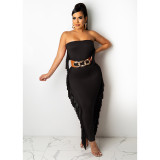 Women's dress, strapless sleeveless, tight fitting, sexy tassel long skirt