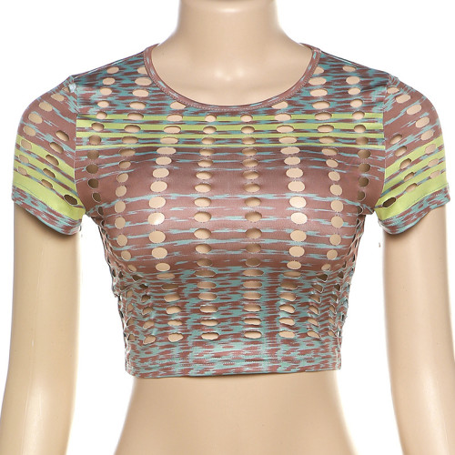 Fashionable and personalized hole burning floral slim fitting short sleeved T-shirt