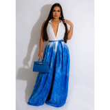 Fashionable women's printed sleeveless V-neck tie long dress