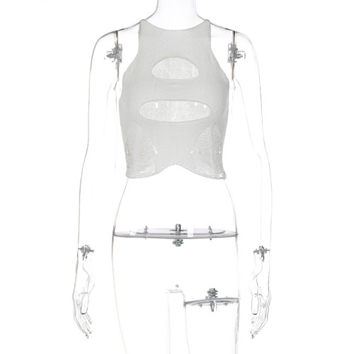 Sexy Women's Super Short Burnt Flower Hollow Fit Solid Color Tank Top