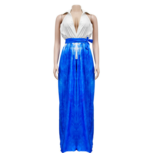 Fashionable women's printed sleeveless V-neck tie long dress