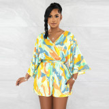 V-neck sexy backless printed shorts jumpsuit