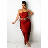 Women's dress, strapless sleeveless, tight fitting, sexy tassel long skirt