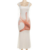 Fashionable and personalized 3D printing sexy backless U-neck tie up slim fitting dress
