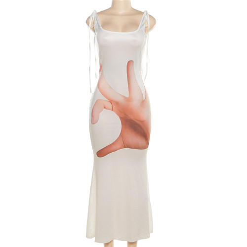 Fashionable and personalized 3D printing sexy backless U-neck tie up slim fitting dress