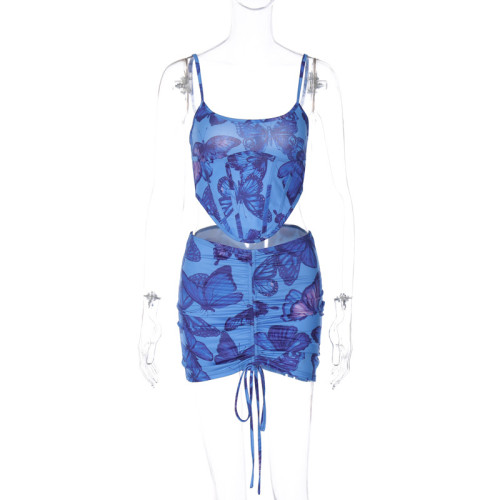 Sexy Open Back Suspended Top Slim Fit Drawstring Half Skirt Set