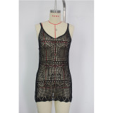 Knitted suspender sexy hollow out texture high slit U-neck dress knitted beach skirt