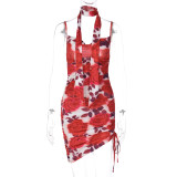 Printed Slim Fit Side Drawstring Sexy Off Back Strap Dress