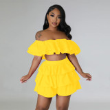 Off shoulder one line collar ruffled skirt set