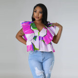 V-neck open back lace up fly sleeve printed top
