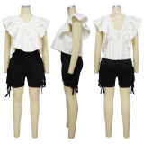 V-neck open back lace up fly sleeve printed top