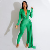Women's fashion sexy tight V-neck long sleeved jumpsuit