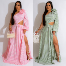 Women's Sexy Dress One Shoulder Sleeve Striped Split Dress
