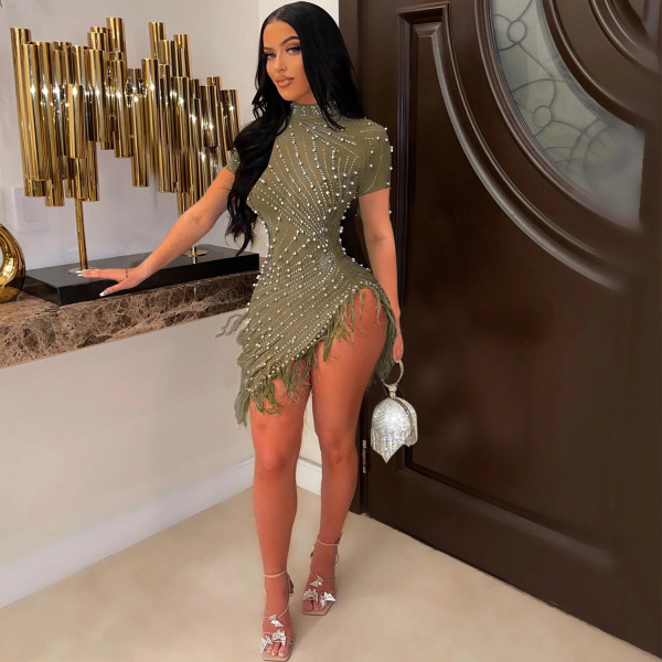Women's sexy mesh hot diamond studded tassel short dress