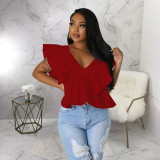 V-neck open back lace up fly sleeve printed top