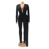 Women's fashion sexy tight V-neck long sleeved jumpsuit