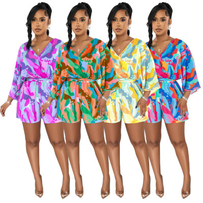 V-neck sexy backless printed shorts jumpsuit