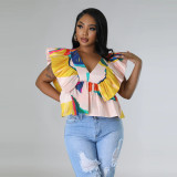 V-neck open back lace up fly sleeve printed top