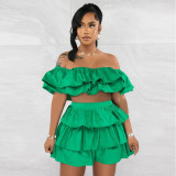 Off shoulder one line collar ruffled skirt set