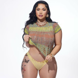 Fashionable and personalized hole burning floral slim fitting short sleeved T-shirt