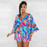 V-neck sexy backless printed shorts jumpsuit