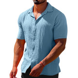 Summer casual lapel solid color short sleeved button men's linen shirt men's clothing