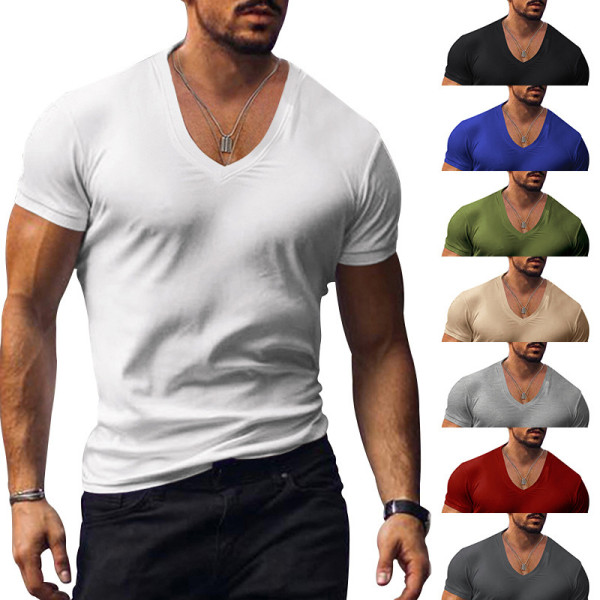 Men's V-neck solid color large casual T-shirt short sleeved men's clothing