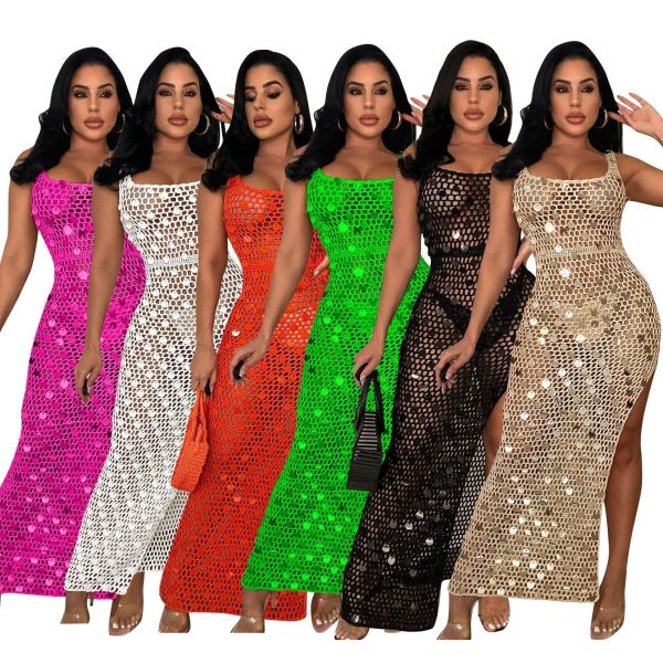 Women's sexy hollow out handmade knitted sequin vest beach skirt