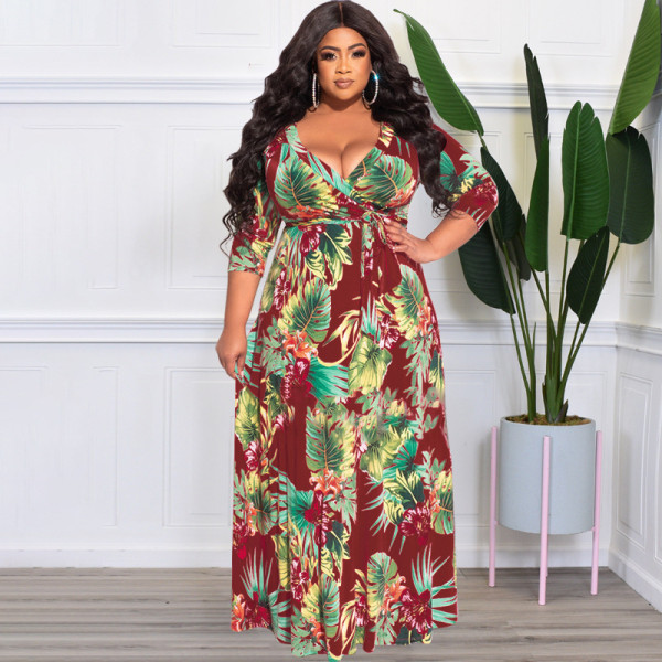 Floral leaf print with belt loose oversized dress
