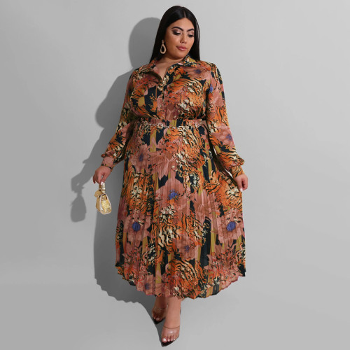 Woven printed pleated fashion casual large women's two-piece set